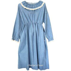 Vintage-Inspo Denim Prairie Dress Lace Trim Cottagecore Side Ties Pockets L/XL‎